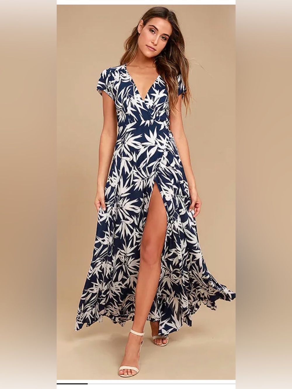 Amuse Society Navy & White Leaf-Print Wrap Maxi Dress